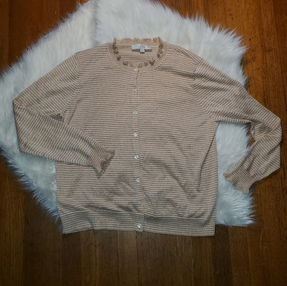 LOFT Peach Striped Shimmer Button Up Cardigan - Picture 2 of 11